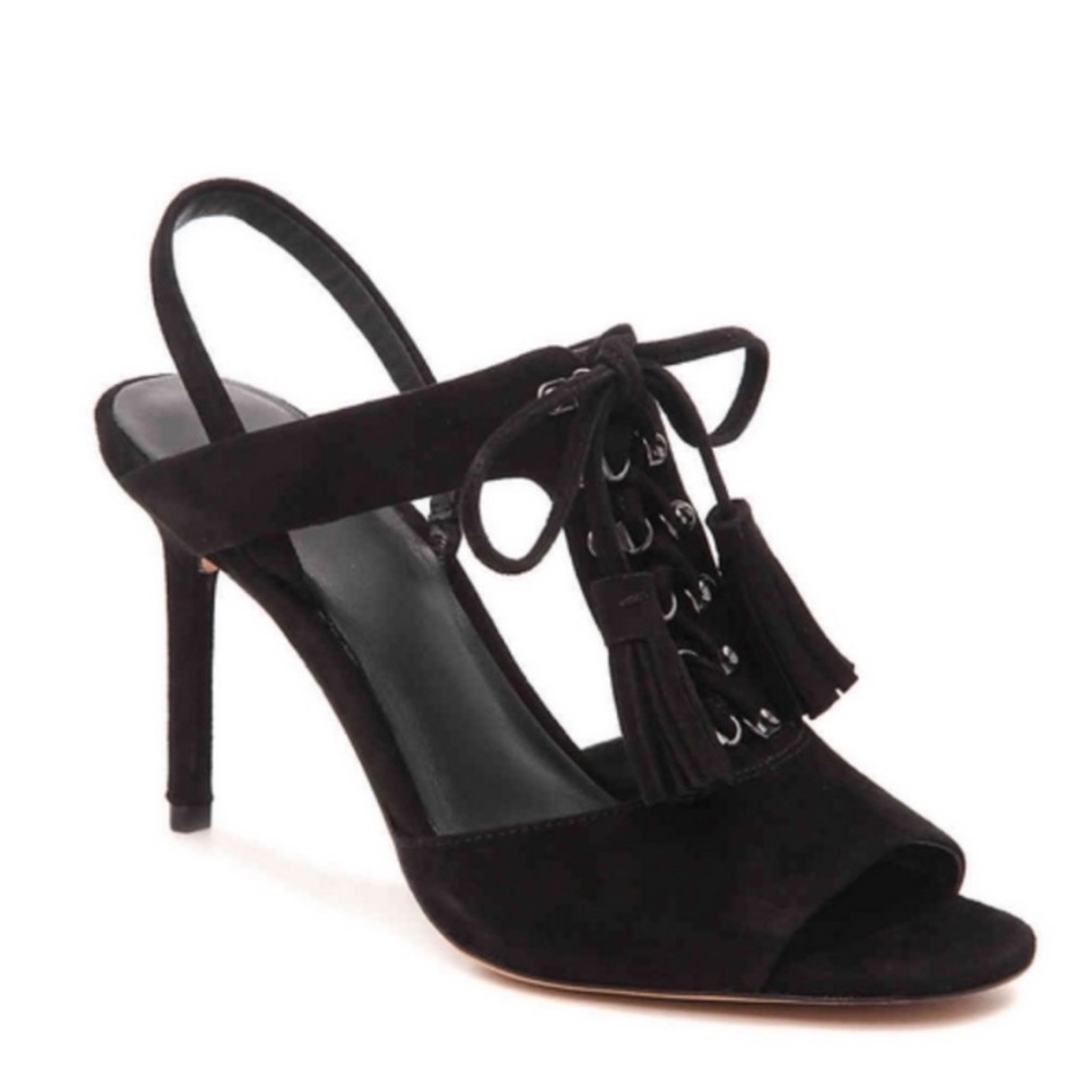 Diane Von Furstenberg Black Suede Lace-Up Tassel Slingback Heels